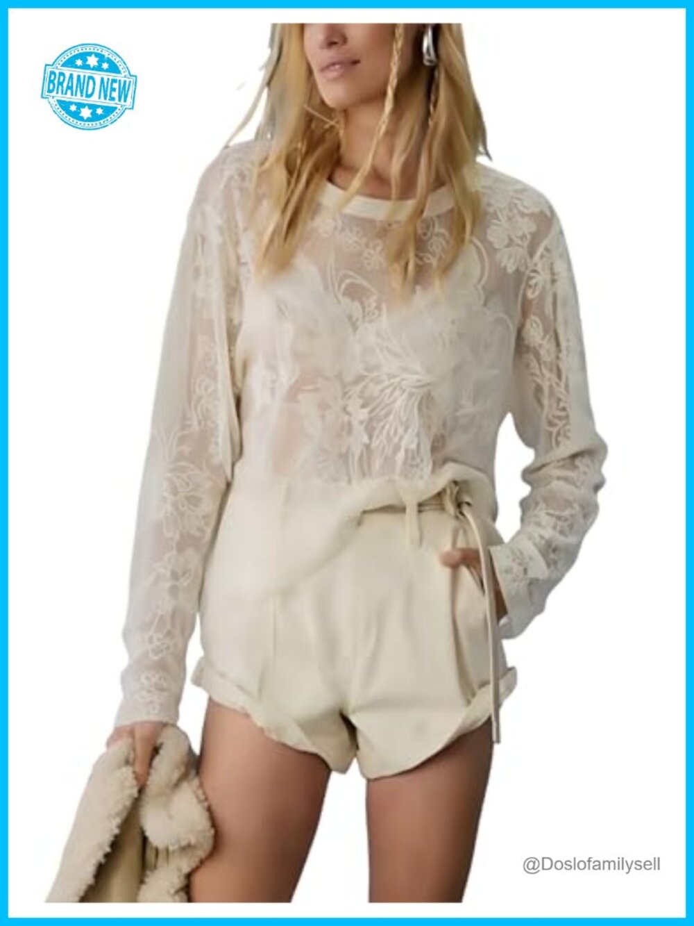 Women's Long Sleeve Lace Mesh Top Crew Neck Loose Fit Layering Blouse